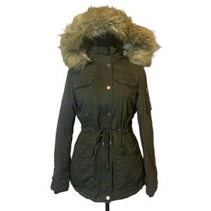 Women’s YMI Faux Fur Lined Coat Hooded Zip / Snap Jacket - Green Size M